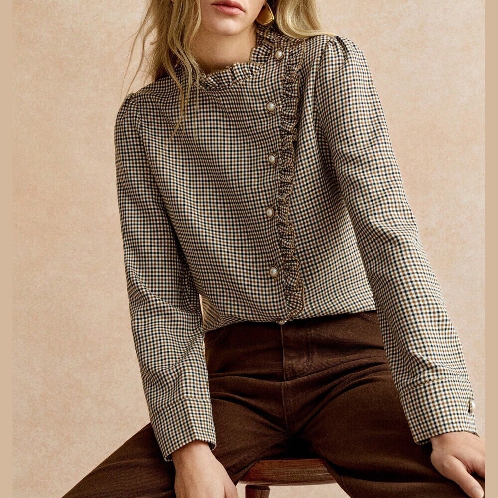 Brown Gingham Ruffle Trim Pearl Button Stand Collar Blouse